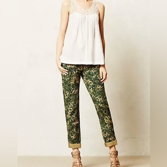 Anthropologie Hei Hei Pants Size 27 Green Floral Camo Sylvan Moto Roll Up - Picture 1 of 7